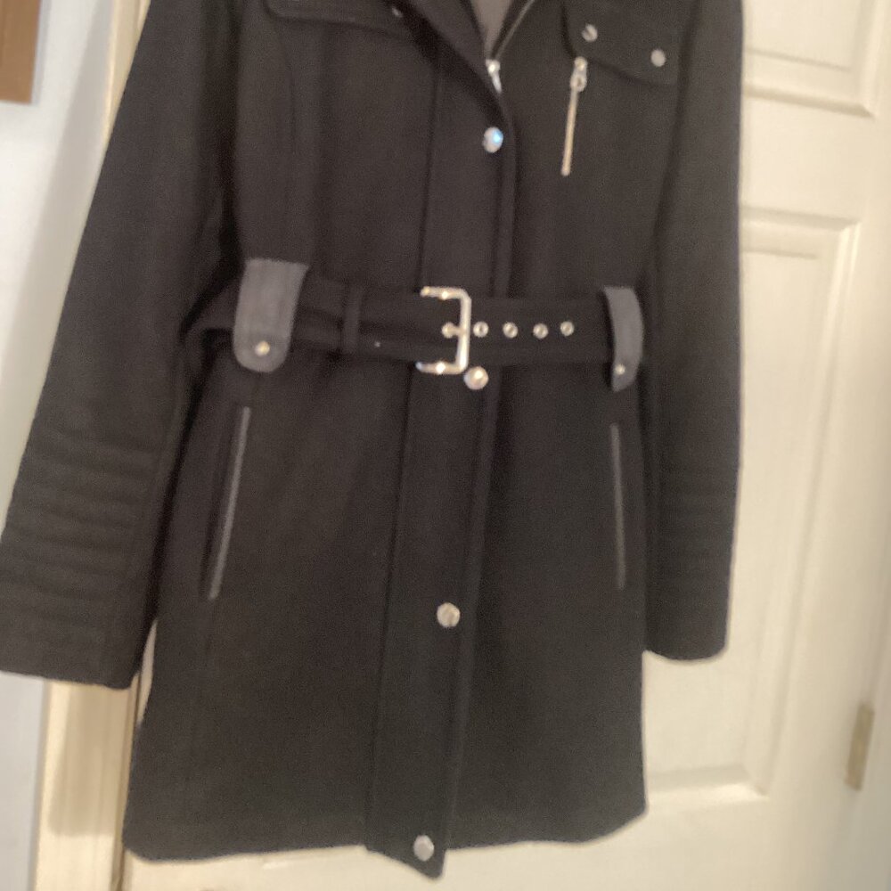 Laundry by Design Size M Ladies Black Wool Winter Coat with Faux Fur Trimed Hood - Picture 10 of 12
